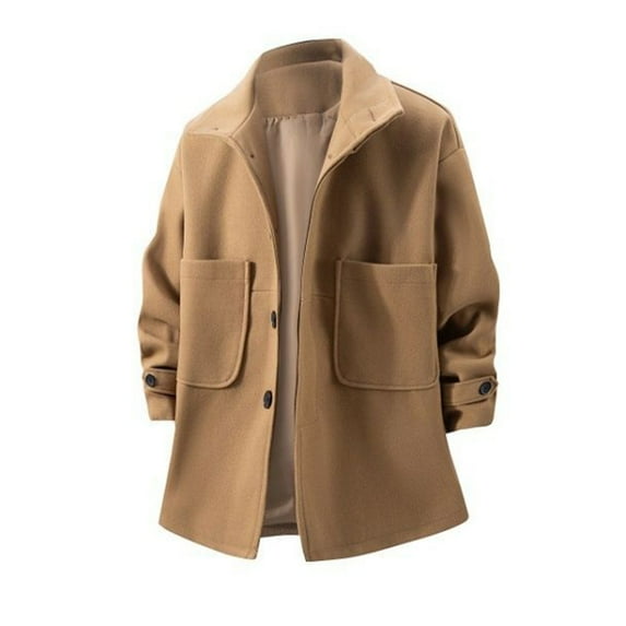 Stamzod Pea Coats for Men Solid Color Turndown Long Sleeve Warm Wool Coat Men Casual Oversized Work Overcoat with Pocket Khaki-2 L