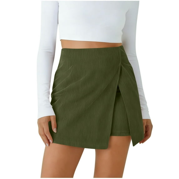 Stamzod Plaid Skirts for Women Solid Color Summer A-Line Split Pencil Skirt Casual Corduroy Mini Skorts for Woman Army Green L