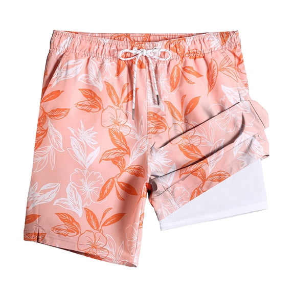 Stamzod Plus Size Bathing Suit Men Graphic Summer Beach Shorts with Compression Liner Casual Workout Swim Trunks Men Swimwear Pink M