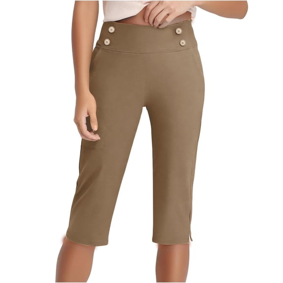 Stamzod Plus Size Capris for Women Summer Solid Color Elastic Waist Straight Yoga Cropped Pants with Pocket Casual Slim Fit Stretch Capri Pants for Women Khaki D XXXL