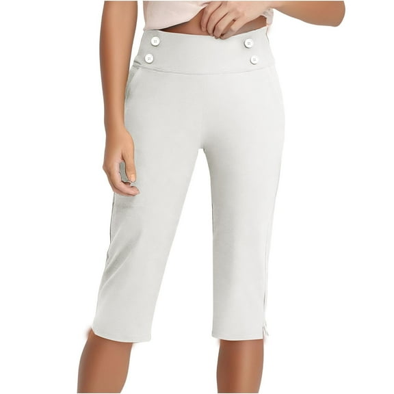 Stamzod Plus Size Capris for Women Summer Solid Color Elastic Waist Straight Yoga Cropped Pants with Pocket Casual Slim Fit Stretch Capri Pants for Women White D XXXL