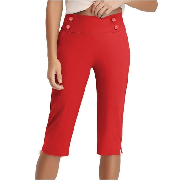Stamzod Plus Size Capris for Women Summer Solid Color Stretch Waist Yoga Cropped Pants with Pocket Loungewear Casual Loose Fit Work Capri Pants for Women Red BB XXXXXL
