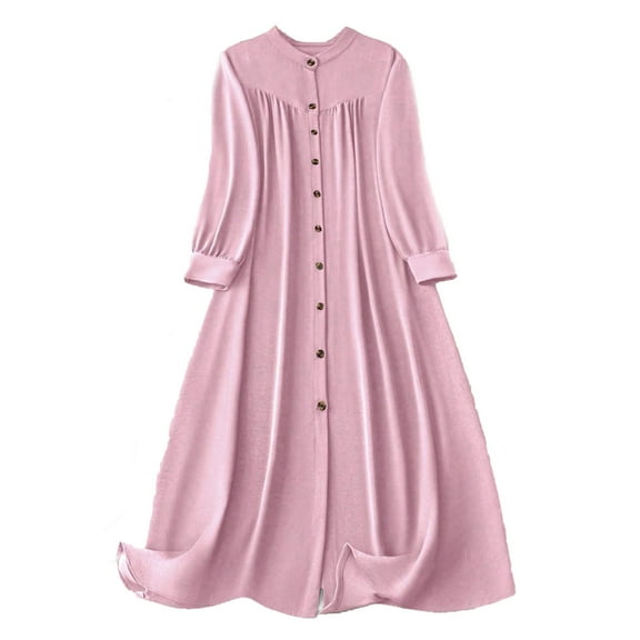 Stamzod Plus Size Fall Dresses for Women Solid Color Button Up Long Sleeve Dress Crewneck Casual Flowy Dresses for Women Pink XXXL
