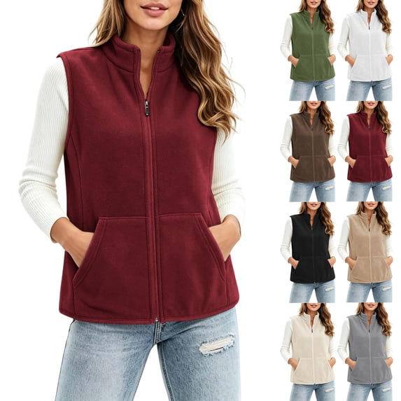 Stamzod Plus Size Fleece Vest Women Winter Stand Collar Sleeveless Sherpa Jacket Casual Warm Outerwear Vests with Pocket