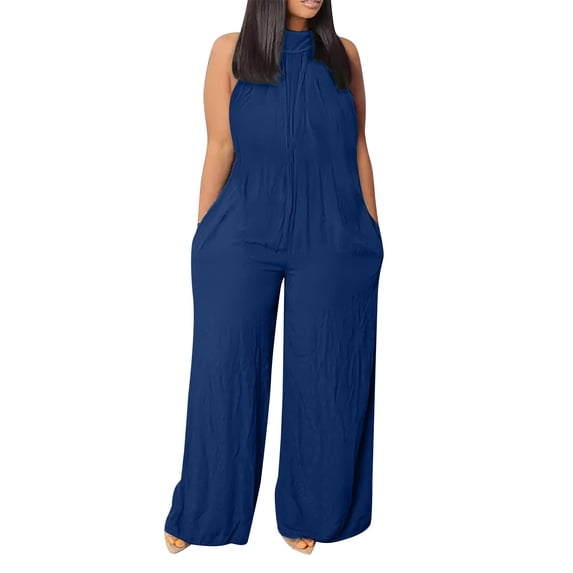 Stamzod Plus Size Jumpsuits For Women Casual One-Piece Wide Leg Jumpsuits Sexy Halter Solid Rompers Loose Summer Formal Jumpsuit Navy XXL