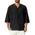 thumbnail image 1 of Stamzod Plus Size Men Shirts Summer V Neck Three-Quarters Sleeve Button Down Shirts Casual Loose Plain Tshirts for Men Black XL, 1 of 7