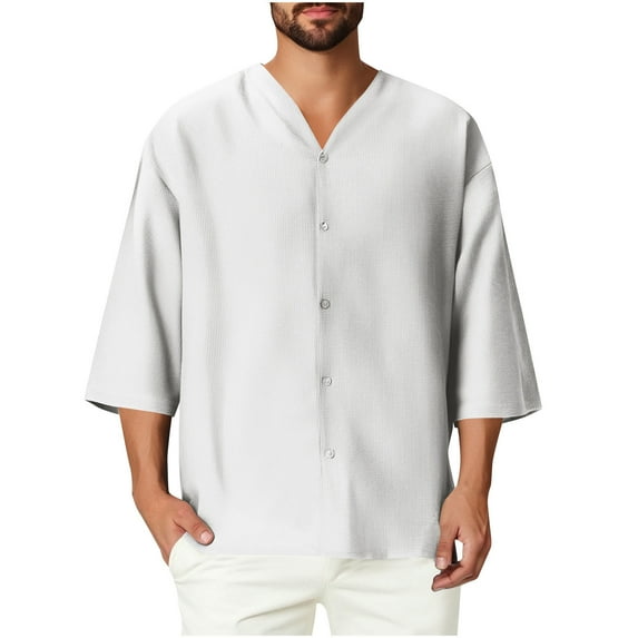 Stamzod Plus Size Men Shirts Summer V Neck Three-Quarters Sleeve Button Down Shirts Casual Loose Plain Tshirts for Men White XL