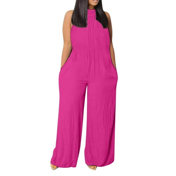 Stamzod Plus Size Rompers for Women Fashion Solid Color Casual Loosee Piece Wide Leg Jumpsuits Summer Sleeveless Mock Neck Overalls for Women Hot Pink XL