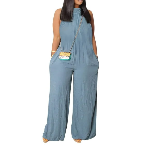 Stamzod Plus Size Rompers for Women Fashion Solid Color Casual Loosee Piece Wide Leg Jumpsuits Summer Sleeveless Mock Neck Overalls for Women Light Blue XL