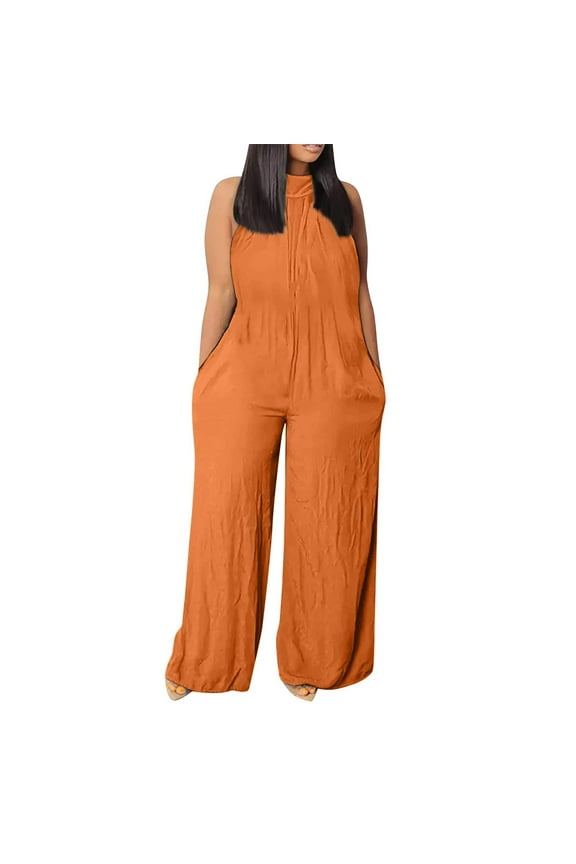 Plus Size Rompers for Women Fashion Solid Color Casual Loosee Piece Wide Leg Jumpsuits Summer Sleeveless Mock Neck Overalls for Women Orange XXXL