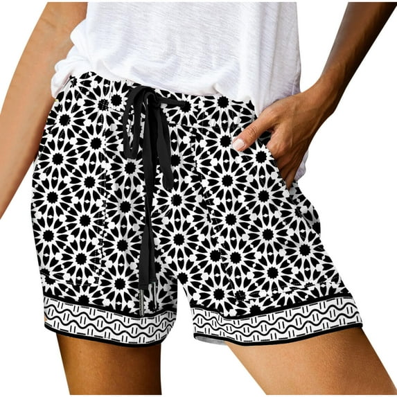 Stamzod Plus Size Summer Womens Casual Shorts Ptinted Comfy Elastic Waist Drawstring Pocket Shorts Pants on Clearance Black XXXL