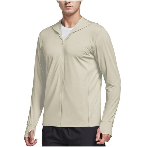 Stamzod Plus Size Sun Protection Shirts for Men Summer Solid Color Long Sleeve Zip Up Rash Guard with Pocket Casual Loose Fishing Shirt for Outdoor Hiking Camping Beige XXL