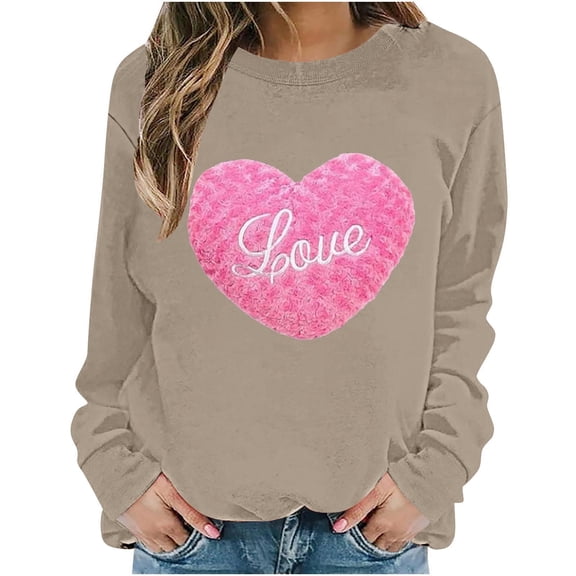Stamzod Plus Size Sweatshirts for Women Valentine's Day Heart Printed Long Sleeve Tops 2025 Casual Crewneck Sweatshirt for Women Khaki D XXXL