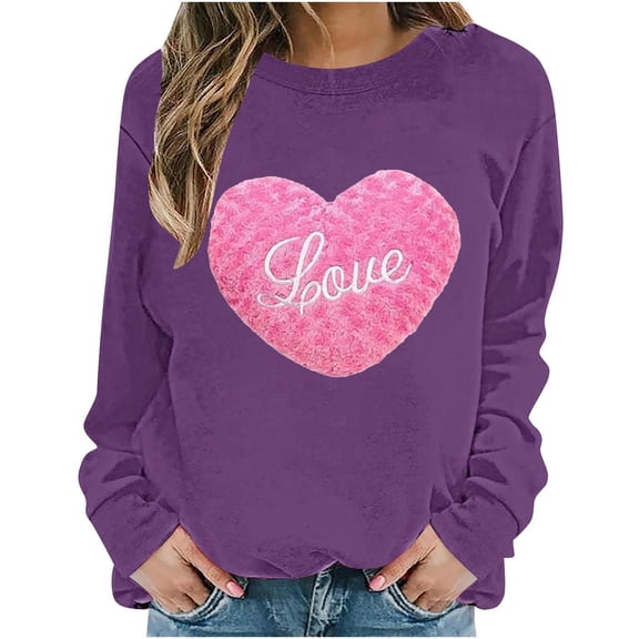 Stamzod Plus Size Sweatshirts for Women Valentine's Day Heart Printed Long Sleeve Tops 2025 Casual Crewneck Sweatshirt for Women Purple D XXXXXL