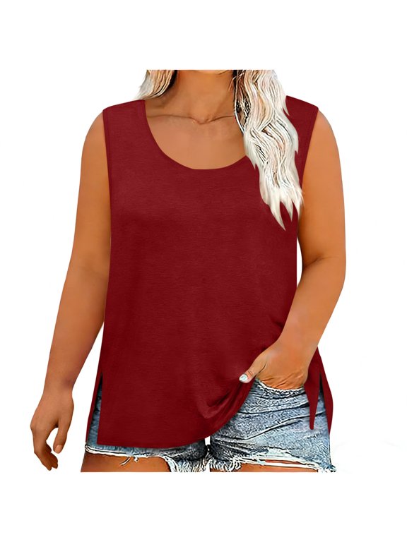 Plus Size Tank Tops for Women Solid Color Side Split Summer Tanks Casual Loose Round-Neck Sleeveless Blouses for Women Wine XXXL