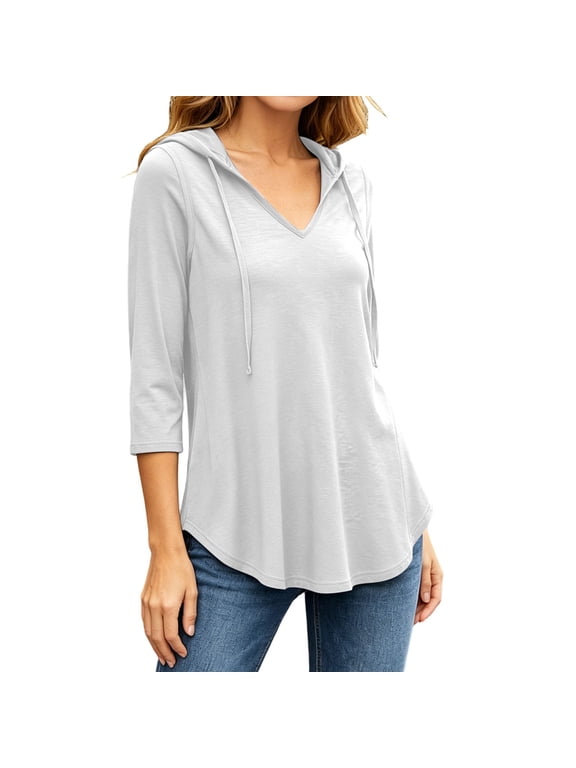 Plus Size Womens Hoodie 3/4 Sleeve V-Neck Tunic Tops for Women Loose Fit Dressy Casual Hooded Blouses