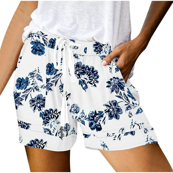 Stamzod Plus Size Womens Shorts Summer Floral Printing Elastic Waist Shorts with Pocket Casual Drawstring Shorts for Women White XL