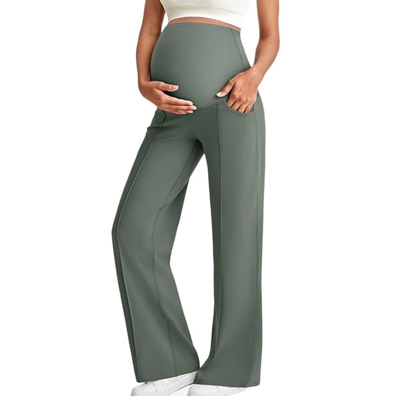 Stamzod Maternity Pants for Work Casual Elastic Waist Maternity Sweatpants Straight Maternity Yoga Pants with Pockets Army Green L