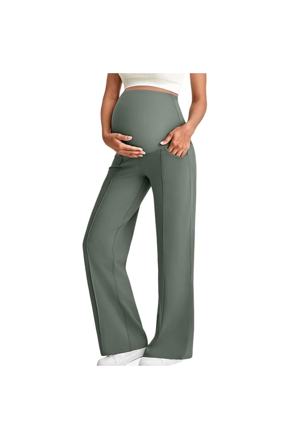 Maternity Pants for Work Casual Elastic Waist Maternity Sweatpants Straight Maternity Yoga Pants with Pockets Army Green L