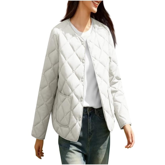Stamzod Quilted Jackets for Women Solid Color Crewneck Long Sleeve Bomber Jacket Women Casual Warm Puffer Jacket with Pocket White XXXL