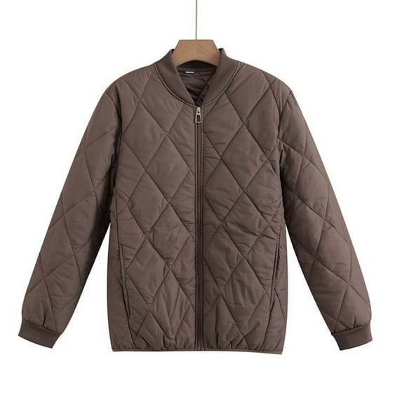 Stamzod Quilted Jackets for Women Solid Color Long Sleeve Warm Puffer Jacket with Pocket Casual Plus Size Womens Winter Coats Coffee XXXXL