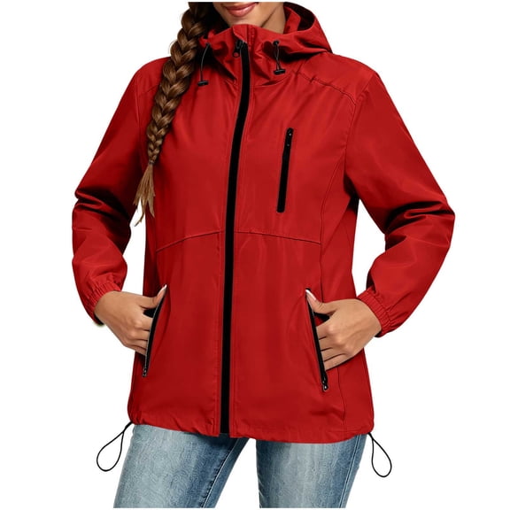 Stamzod Rain Jacket Women Waterproof Outdoor Hiking Raincoat Long Sleeve Hooded Lightweight Jacket Women Windbreaker Red XXL