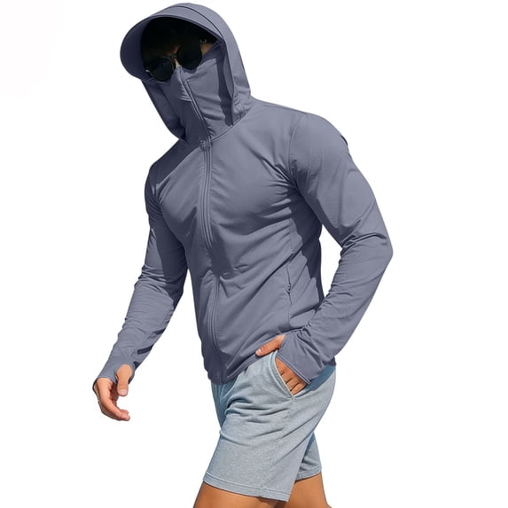 Stamzod Rash Guard for Men Lightweight Long Sleeve Zip Up Sun Hoodie with Mask Sun Protection Fishing Shirts for Men Gray XL