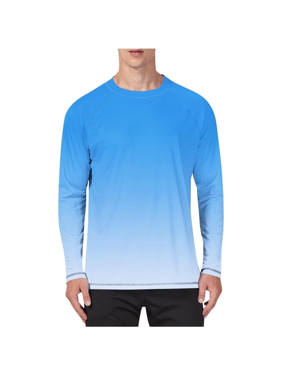 Rash Guard for Men Fashion Gradient Printing Crewneck Fishing Shirt Casual Loose Summer Sun Protection Shirts for Men Sky Blue XL