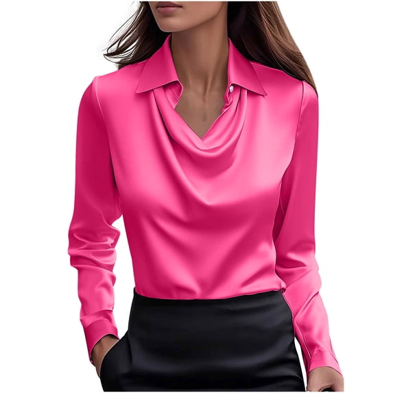 Stamzod Satin Shirts for Women 2026 Officewear Summer Cowl Neck Long Sleeve Work Tops Spring Dressy Casual Silk Blouse for Women Hot Pink C XXXL