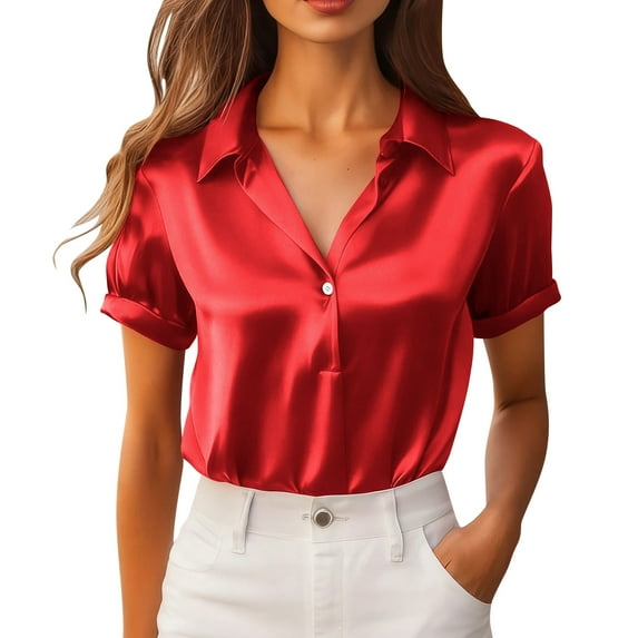 Stamzod Satin Tops for Women Silk Button Up Shirt Short Sleeve Casual Business Dressy Blouses Summer Clothes Red M