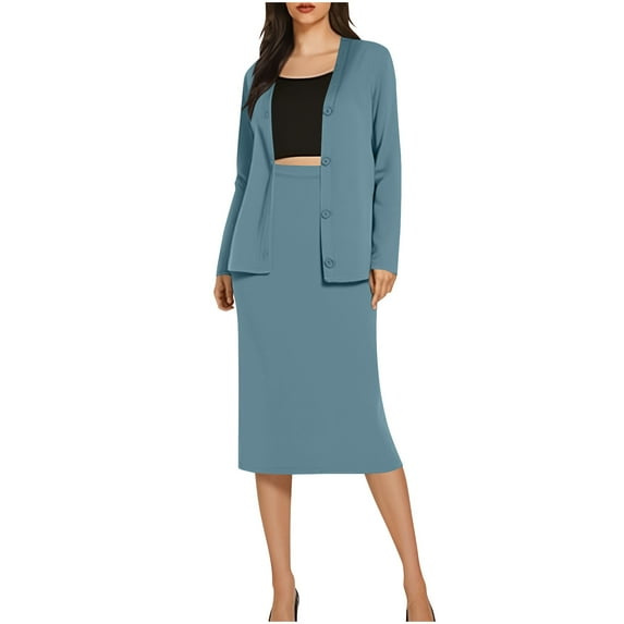 Stamzod School Outfits for Teachers Fall Solid Color Long Sleeve Cardigan and Knee Length Skirt Elegant 2 Piece Sets for Women Gray-1 L