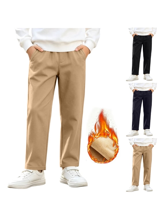 School Uniform for Girls Boys Winter Fleece Lined Straight Leg Pants Casual Warm Dress Trousers with Pockets Kids Clothes 11-12Years
