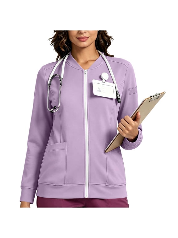 Scrub Jackets for Women 2026 V-Neck Long Sleeve Zip Up Sweatshirt Women Nurse Uniform Bomber Jacket with Pockets