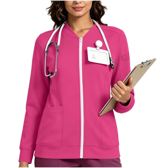 Stamzod Scrub Jackets for Women 2026 V-Neck Long Sleeve Zip Up Sweatshirt Women Nurse Uniform Bomber Jacket with Pockets