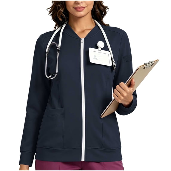Stamzod Scrub Jackets for Women 2026 V-Neck Long Sleeve Zip Up Sweatshirt Women Nurse Uniform Bomber Jacket with Pockets