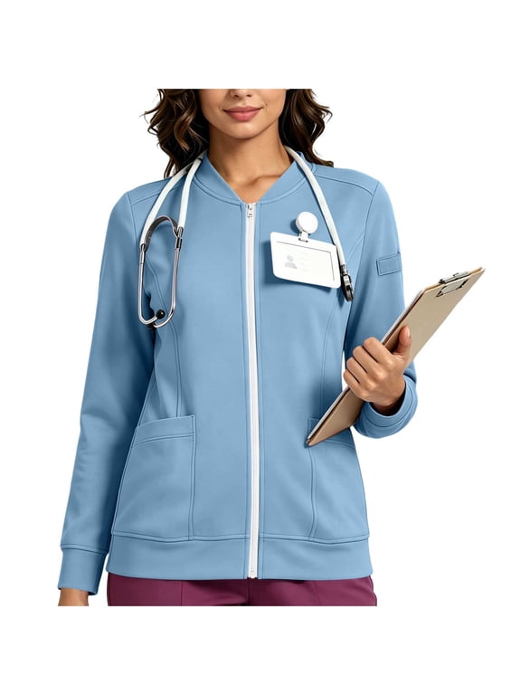 Scrub Jackets for Women 2026 V-Neck Long Sleeve Zip Up Sweatshirt Women Nurse Uniform Bomber Jacket with Pockets