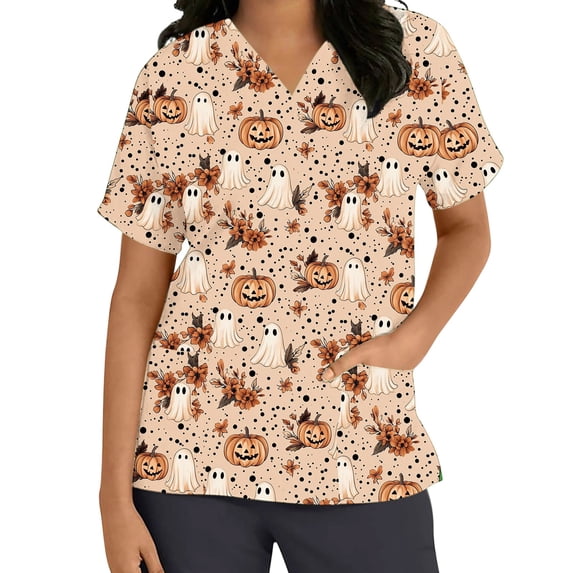 Stamzod Scrub Tops for Women Fashion Halloween Print V-Neck Short Sleeve Holiday Medical Shirts with Pockets