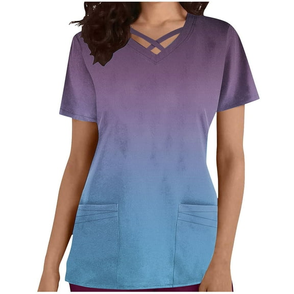 Stamzod Scrub for Women Novelty Gradient Tees Short Sleeve Womens Tops with Pocket Cross V Neck Slim Fit Work Shirts