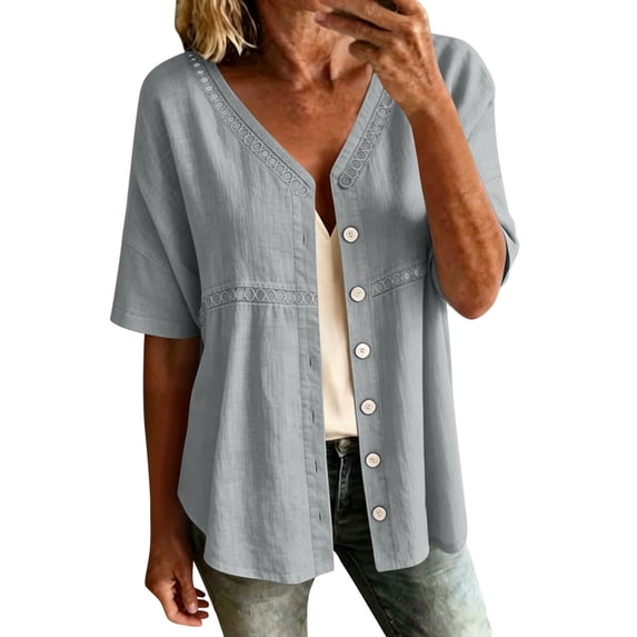 Stamzod Shackets for Women Casual V Neck Button Down Shirt Tops Summer Beach Short Sleeve Shacket Gray B M