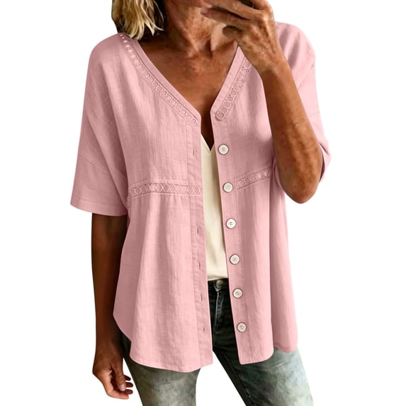 Stamzod Shackets for Women Casual V Neck Button Down Shirt Tops Summer Beach Short Sleeve Shacket Pink B S