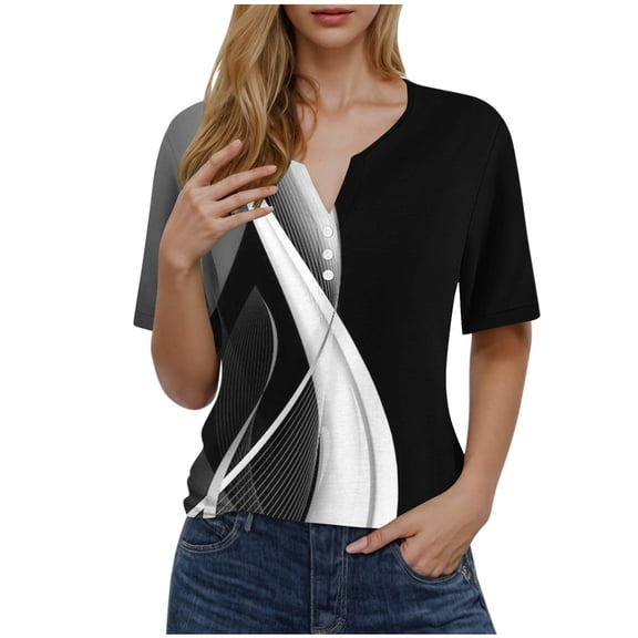 Stamzod Short Sleeve Shirts for Women Summer V Neck Graphic Tops Casual Loose Plus Size Blouses for Women Black D XXXL