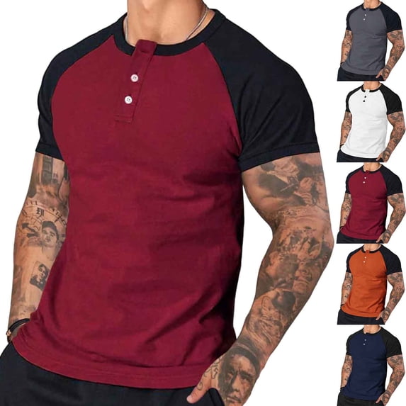 Stamzod Short Sleeve Tshirt for Men Summer Crewneck Button Pullover Basic Tee Tops Casual Workout Shirts for Men Red XXL