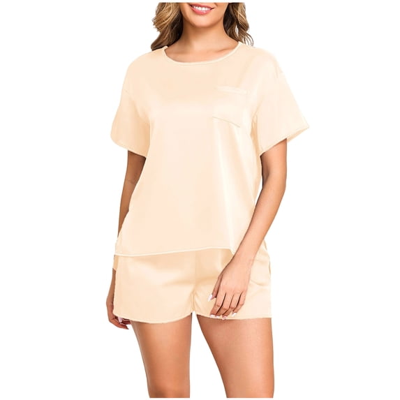 Stamzod Silk Pajamas for Women Short Sleeve Sleepwear Soft Crewneck T Shirts Loungewear 2 Piece Satin Pjs Shorts Set Beige M