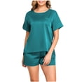 thumbnail image 1 of Stamzod Silk Pajamas for Women Short Sleeve Sleepwear Soft Crewneck T Shirts Loungewear 2 Piece Satin Pjs Shorts Set Green M, 1 of 7