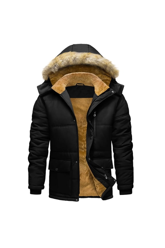 Ski Jacket for Men Solid Color Long Sleeve Thicked Warm Snow Coat with Pocket Casual Parker Jackets for Men Black L