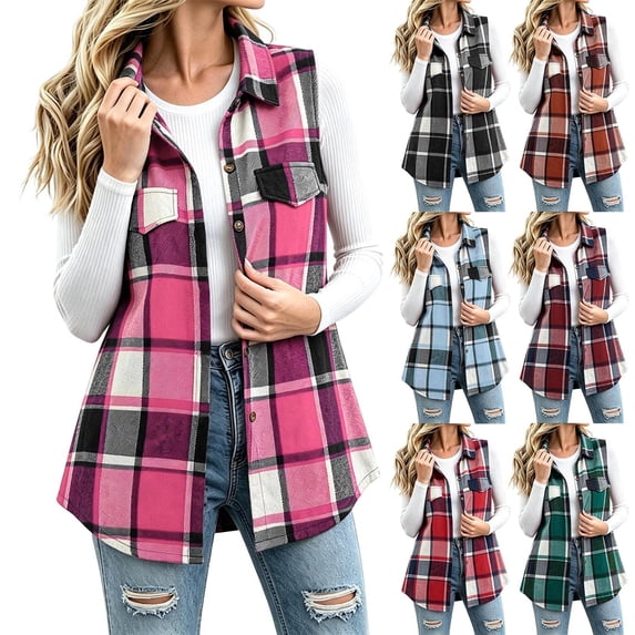 Stamzod Sleeveless Plaid Jacket Women 2026 Fall Fashion Casual Lining Flannel Vest Collared Button Up Waistcoat Outwear