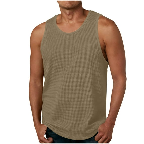 Stamzod Sleeveless Shirts for Men Solid Color Summer Basic Tank Top Men Casual Muscle Sports Tank Tops Khaki M
