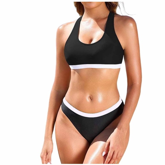 Stamzod Sporty Bikini Sets for Women Color Block Beach Vacation Bathing Suits Two Piece Swimsuit for Women Black E XL