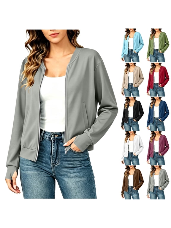 Spring Jackets for Women V-Neck Long Sleeve Zip Up Bomber Jacket Women Fall Casual Coats with Pockets Thumb Holes Black M