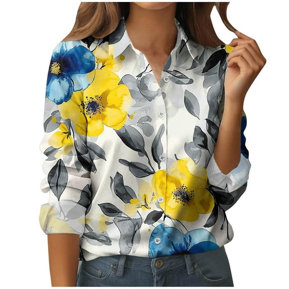 Stamzod Spring Tops for Women Fashion Floral Printed Turndown Dressy Work Shirts Loungewear Casual Loose Long Sleeve Button Up Shirts for Women Blue F M